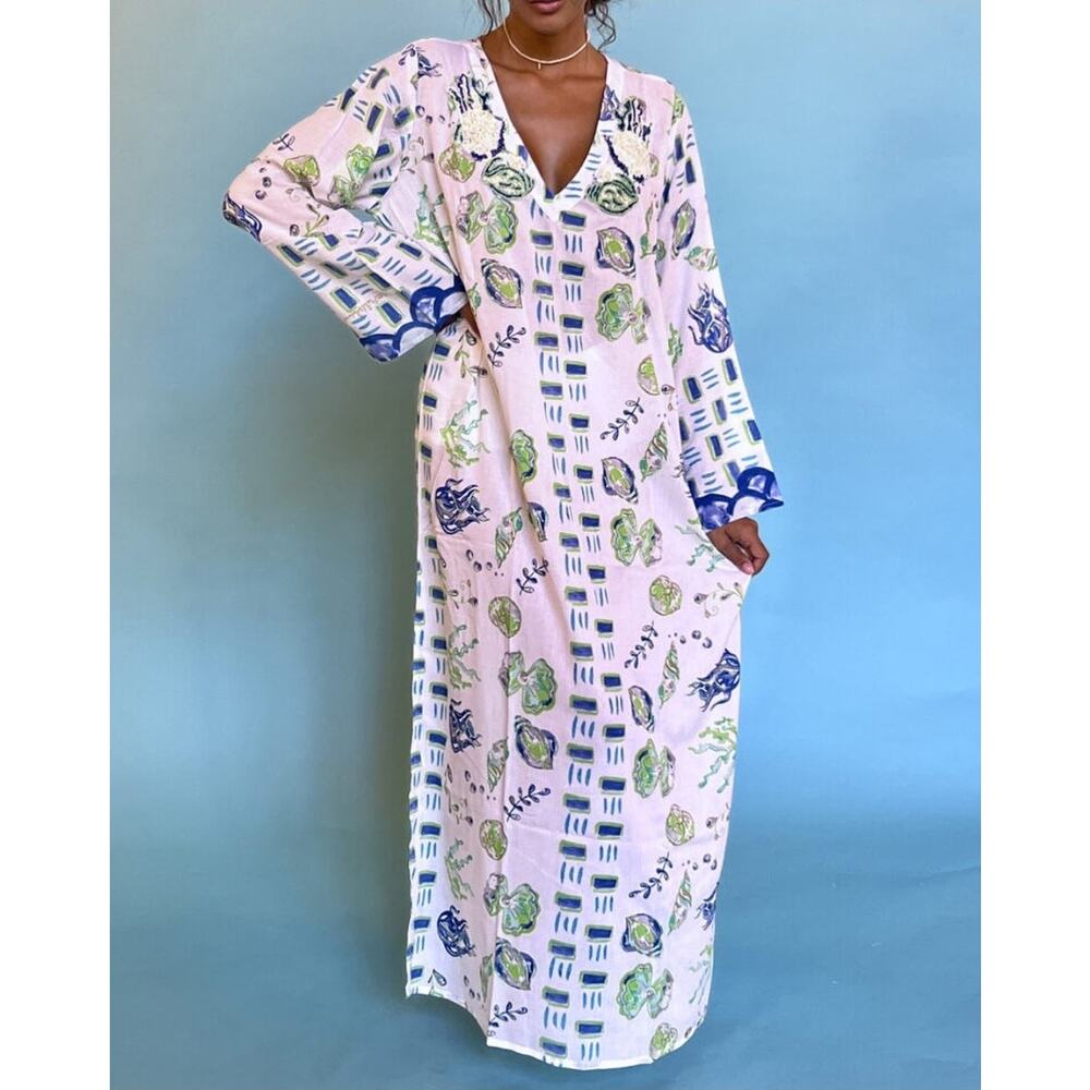Light Pink Floral V-Neck Swim Coverup Kaftan